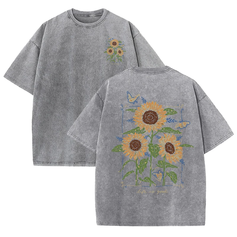 Street Fashion Shanghai - zonnebloemprint gewassen T-shirt unisex zacht 100%