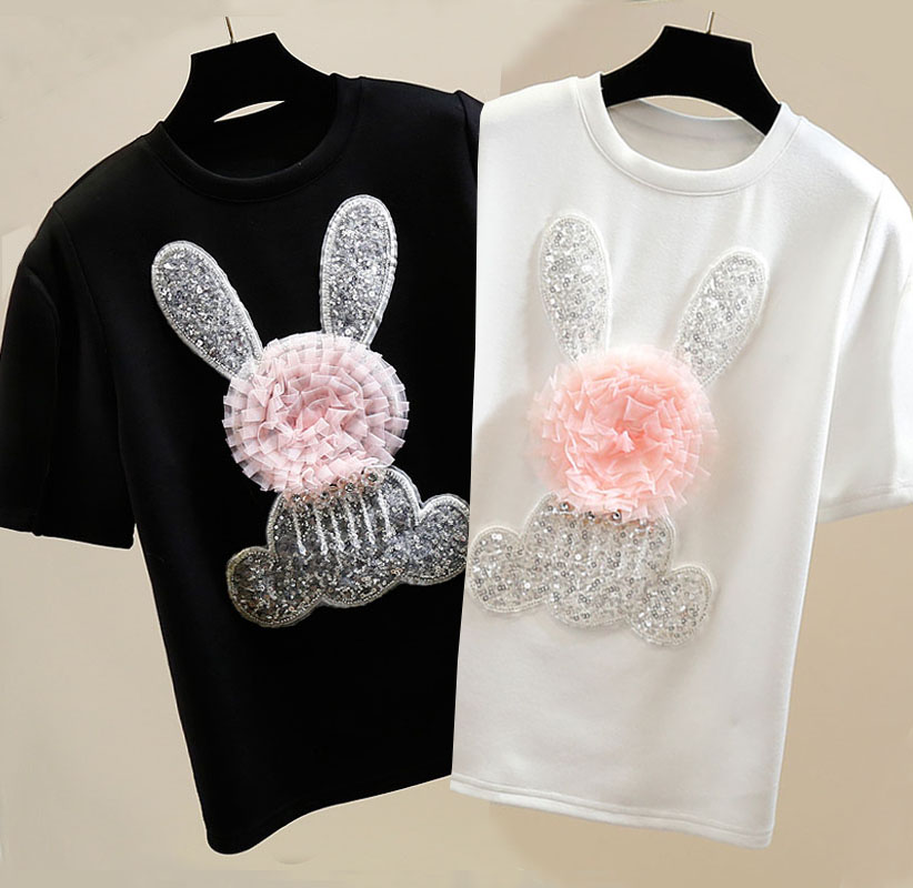 Street Fashion Shanghai - Zware Industrie Konijn Pailletten Wit T-Shirt