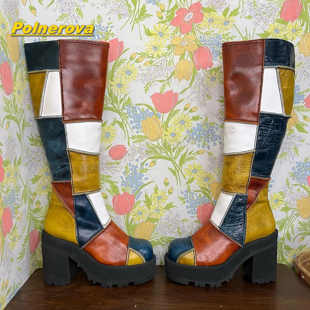 Street Fashion Vintage - Vrouwen Retro Patchwork Lederen Kniehoge Laarzen