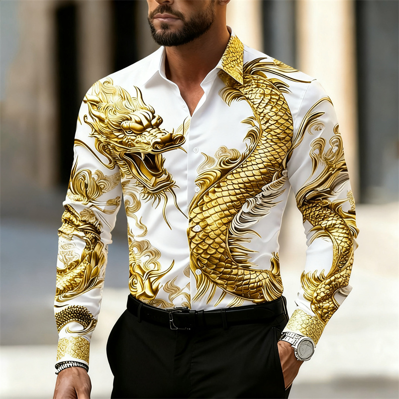Street Fashion Shanghai - Herenshirt met lange mouwen, Chinees drakenmotief,