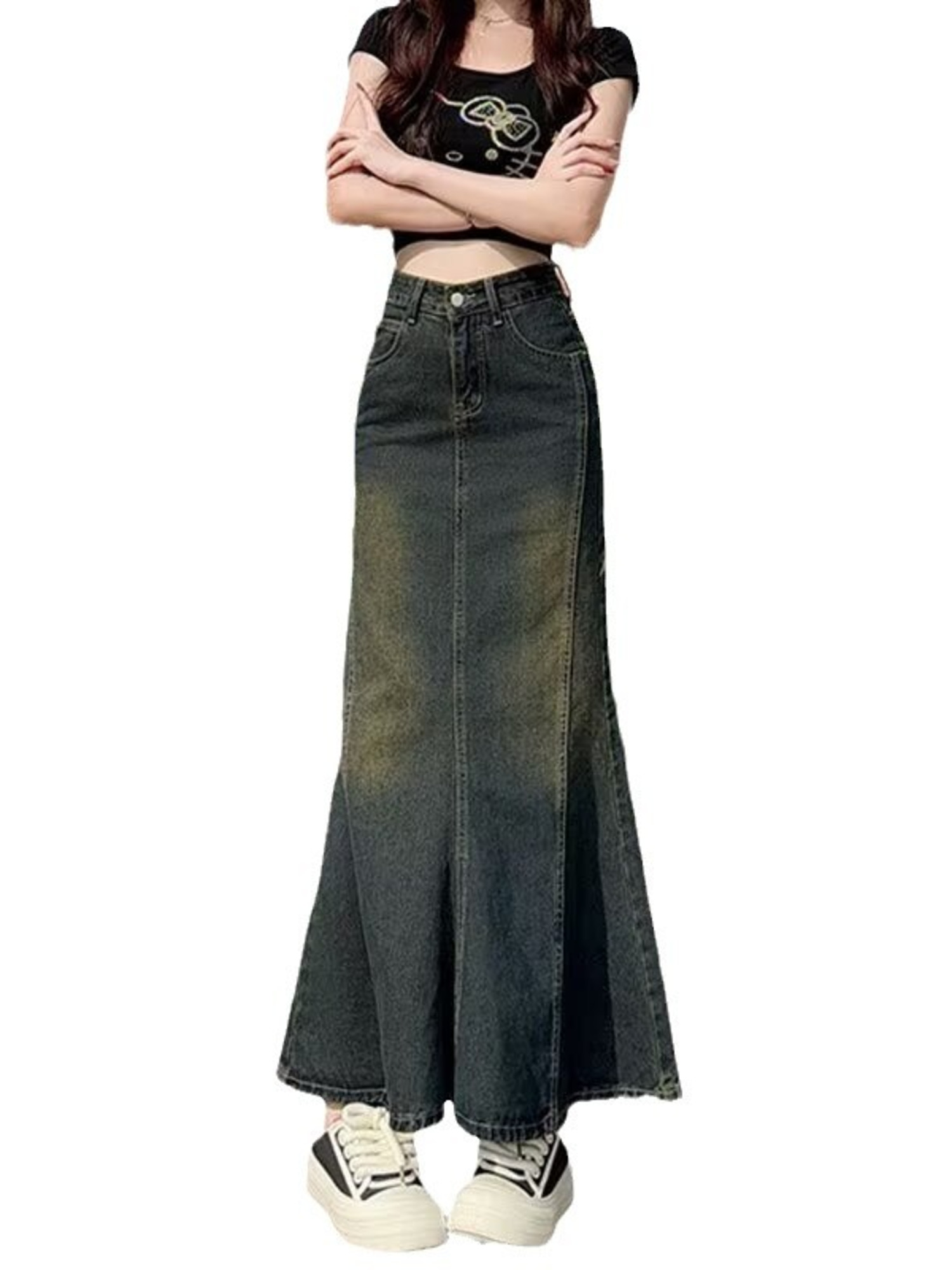 Street Fashion Vintage - Vintage gewassen denim maxi rok voor