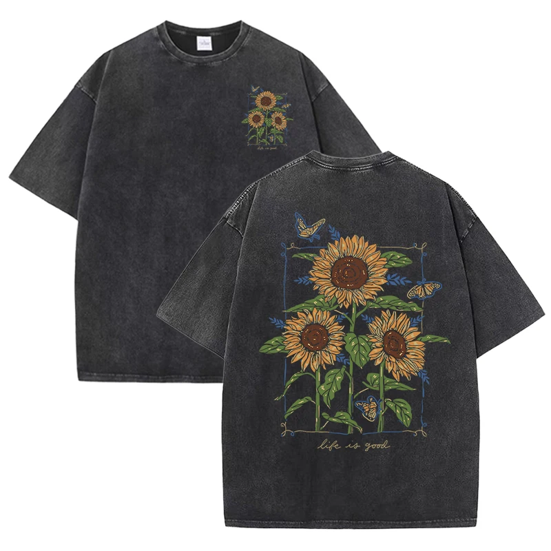 zonnebloemprint gewassen T-shi - Street Fashion Shanghai recensie en prijs