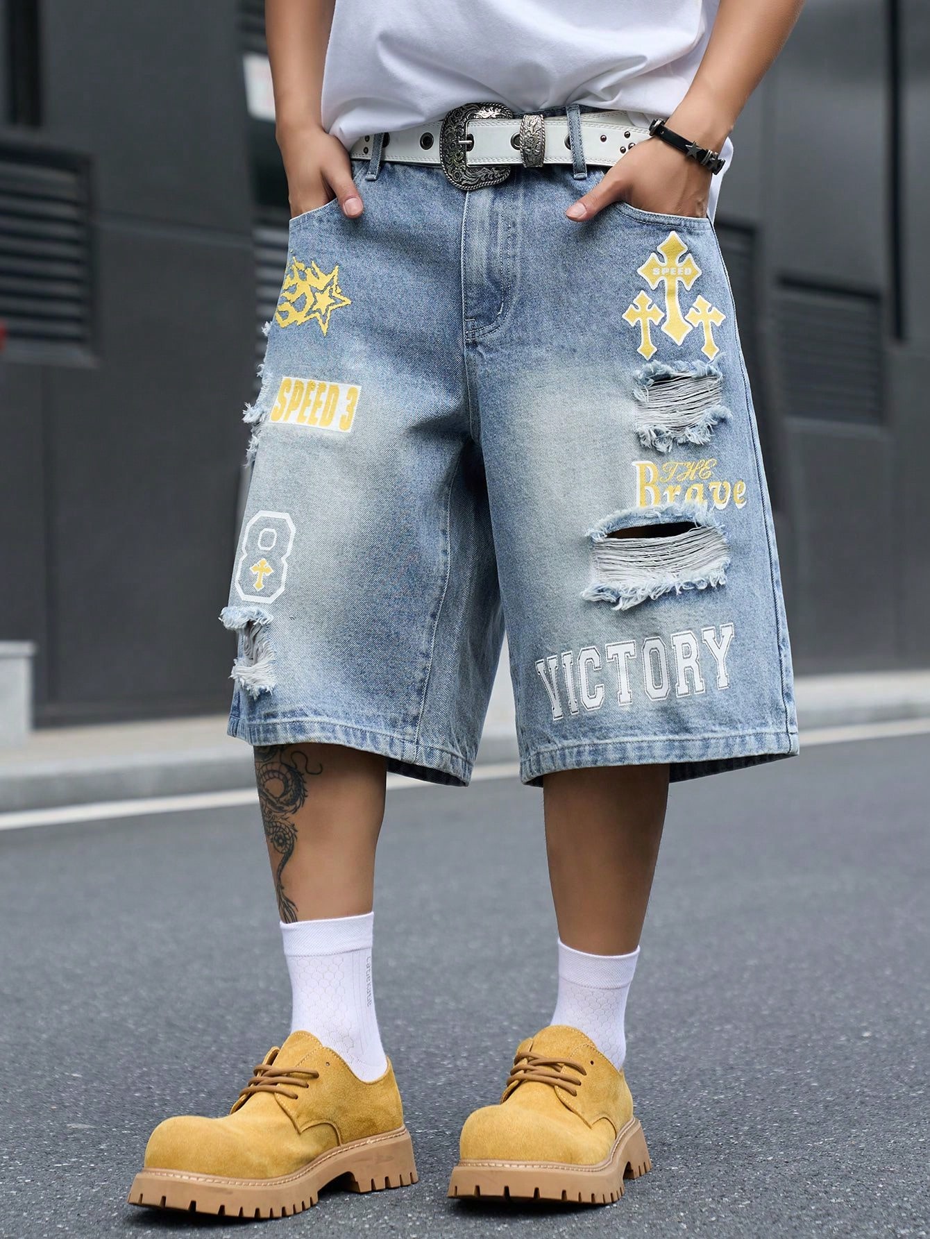 Loszittende denim bermudashort - Street Fashion Hip Hop recensie en prijs
