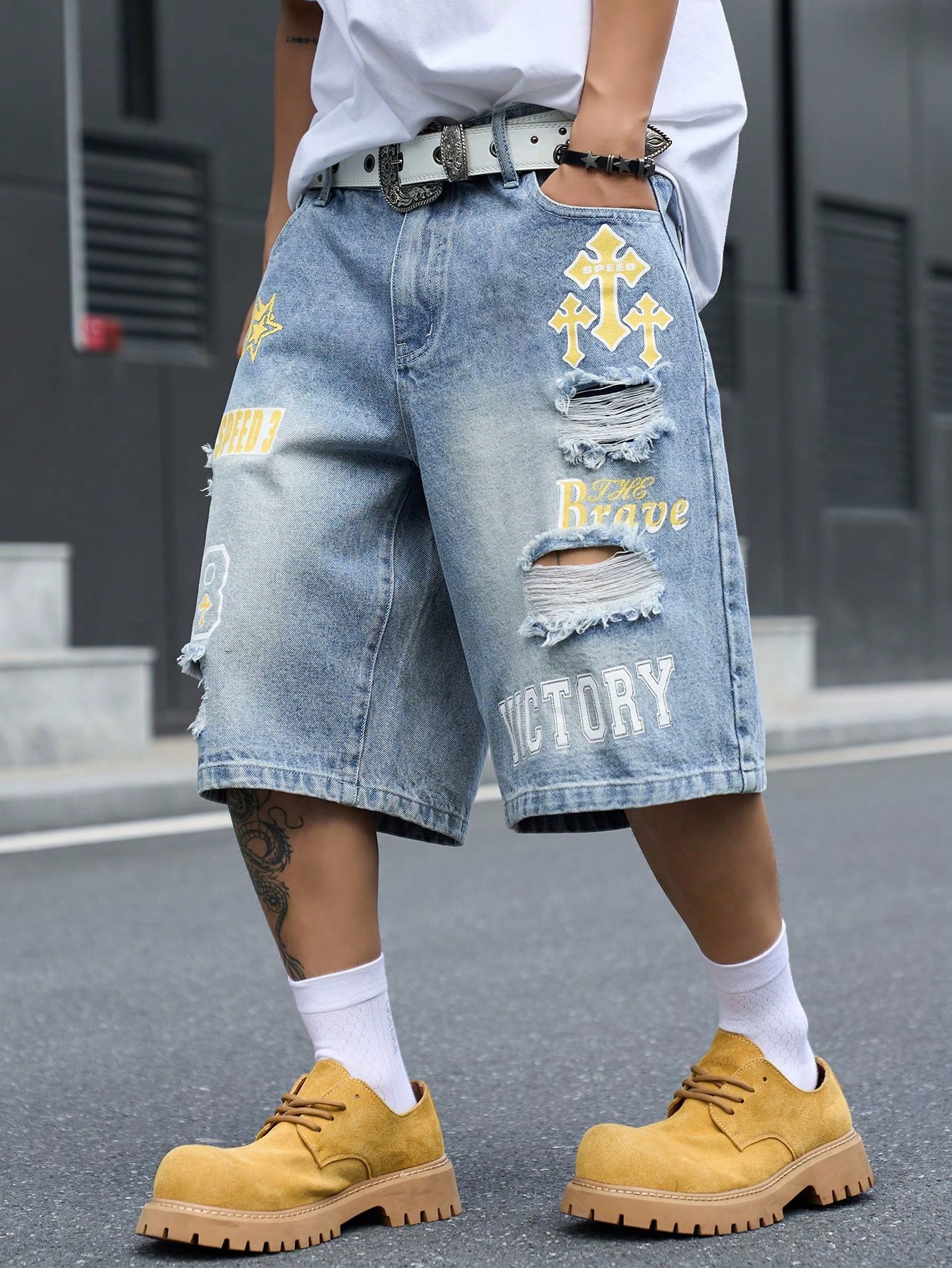 Loszittende denim bermudashort - Street Fashion Hip Hop recensie en prijs